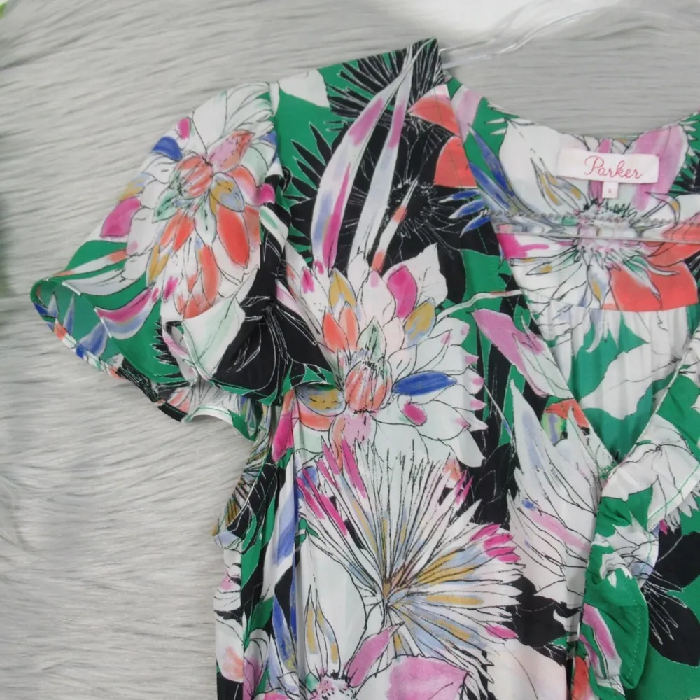 PARKER Justice Ruffle Floral Silk Green Mini Dress Women's Size Small - Image 7