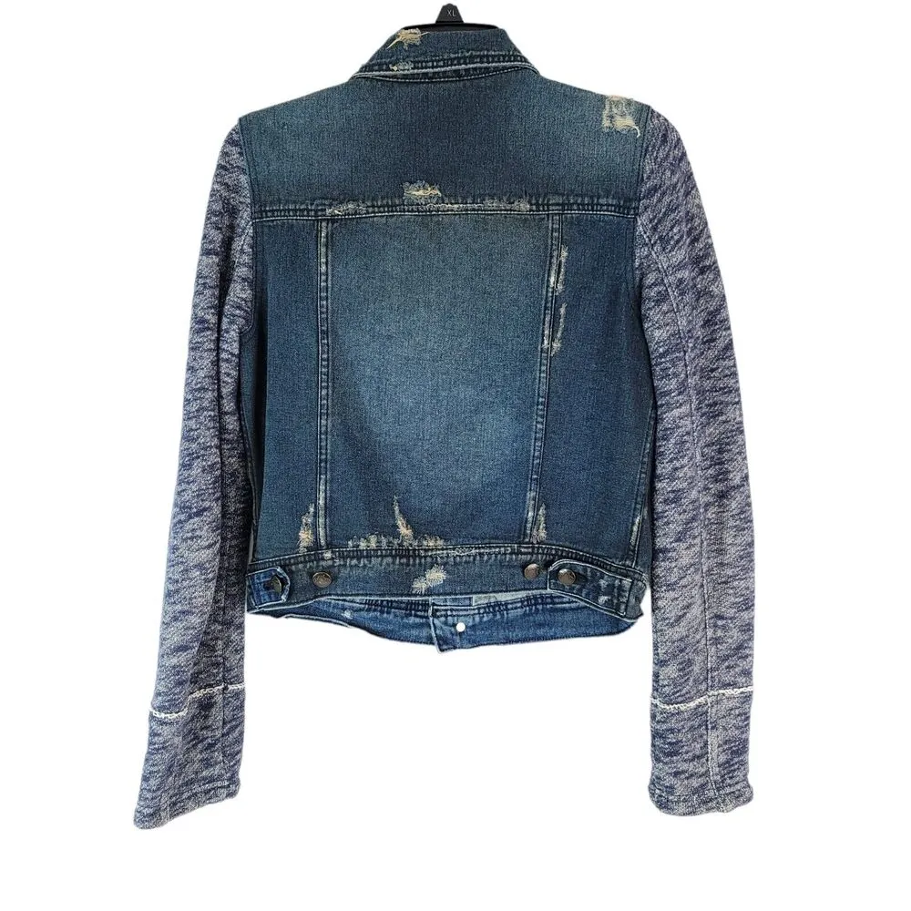 Free People Distressed Denim Jacket Womens Small Blue 90's Grunge Hipster Y2K - Image 3