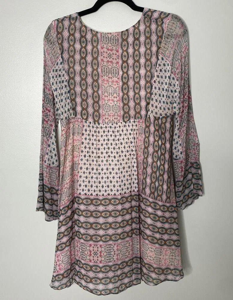 Rebecca Minkoff Pink Redland Bell Sleeve Patchwork Bohemian Mini Dress Small - Image 2