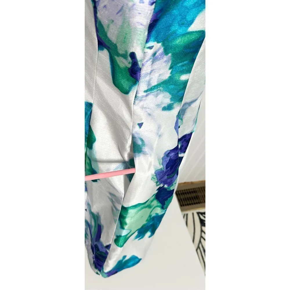 Dress Barn Floral Satin Sleeveless V- Neck Fit & Flare Mini Dress White Blue‎ 12 - Image 5