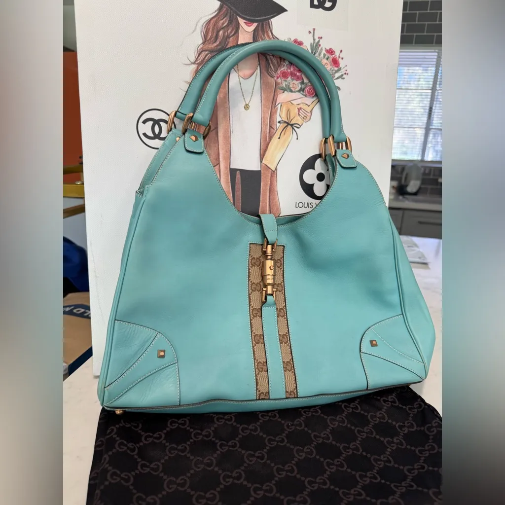 Gucci Turquoise gg canvas nailhead Bardot vintage Leather Handbag - Image 3
