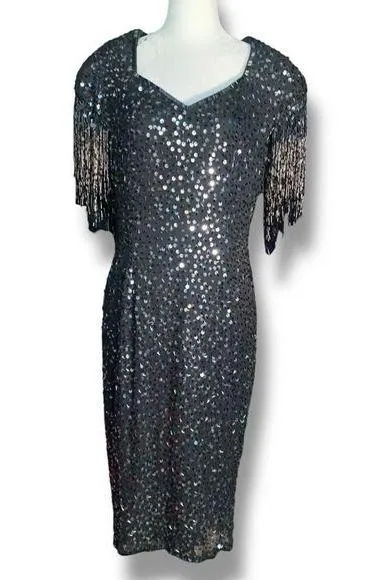 Vintage 80s Cocktail Dress Silk Black Metallic Sequin Fringe Sleeve Size 10 - Image 1