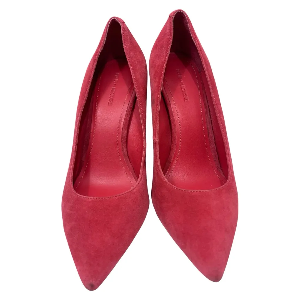POUR LA VICTOIRE Coral Pink Suede Heels Pumps Wood‎ Cylindrical Heel Size 8 - Image 5