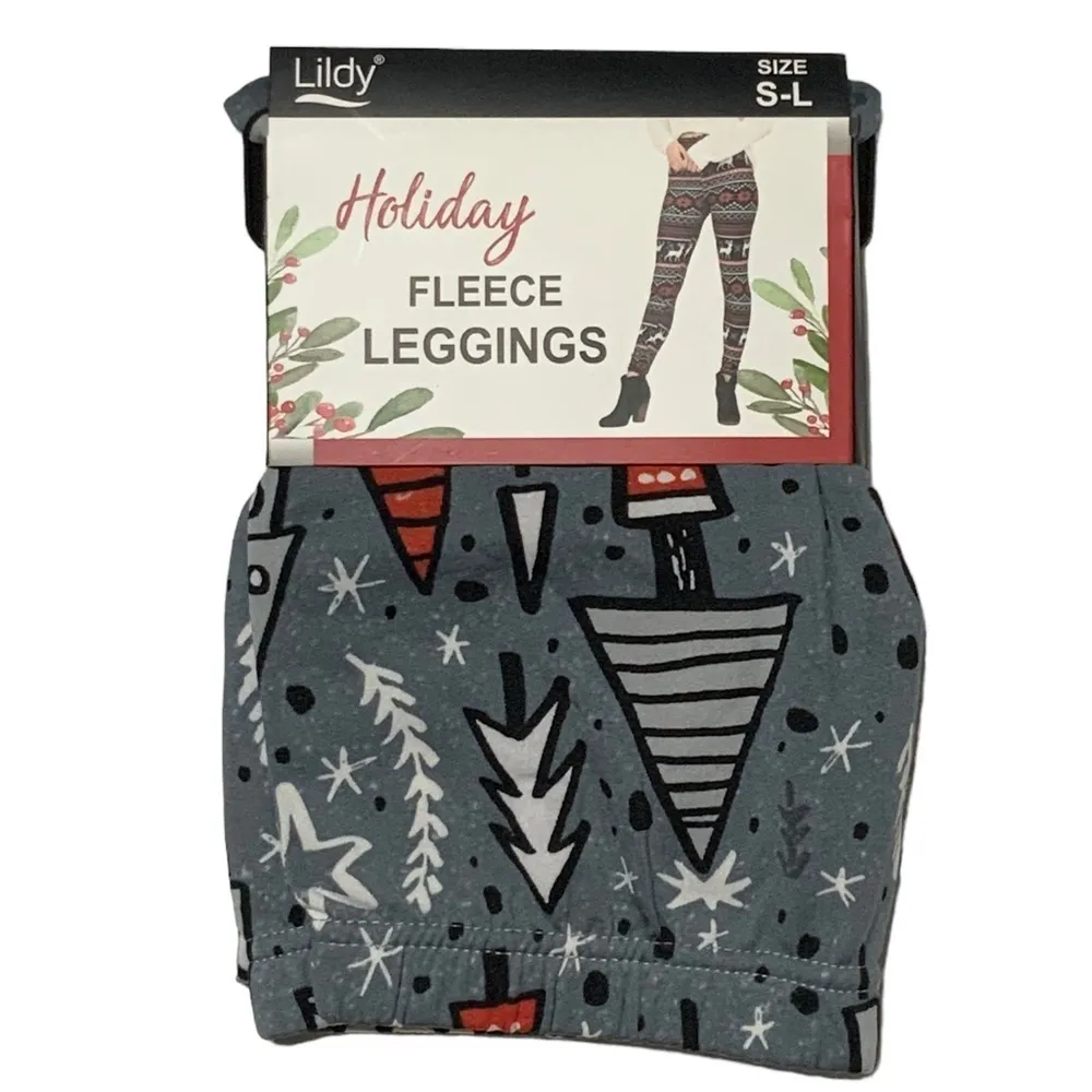 Lildy Fleece Lined Leggings Christmas Tree Holiday Print Grey Red OS Sm to Lrg Gray Size undefined - Image 12