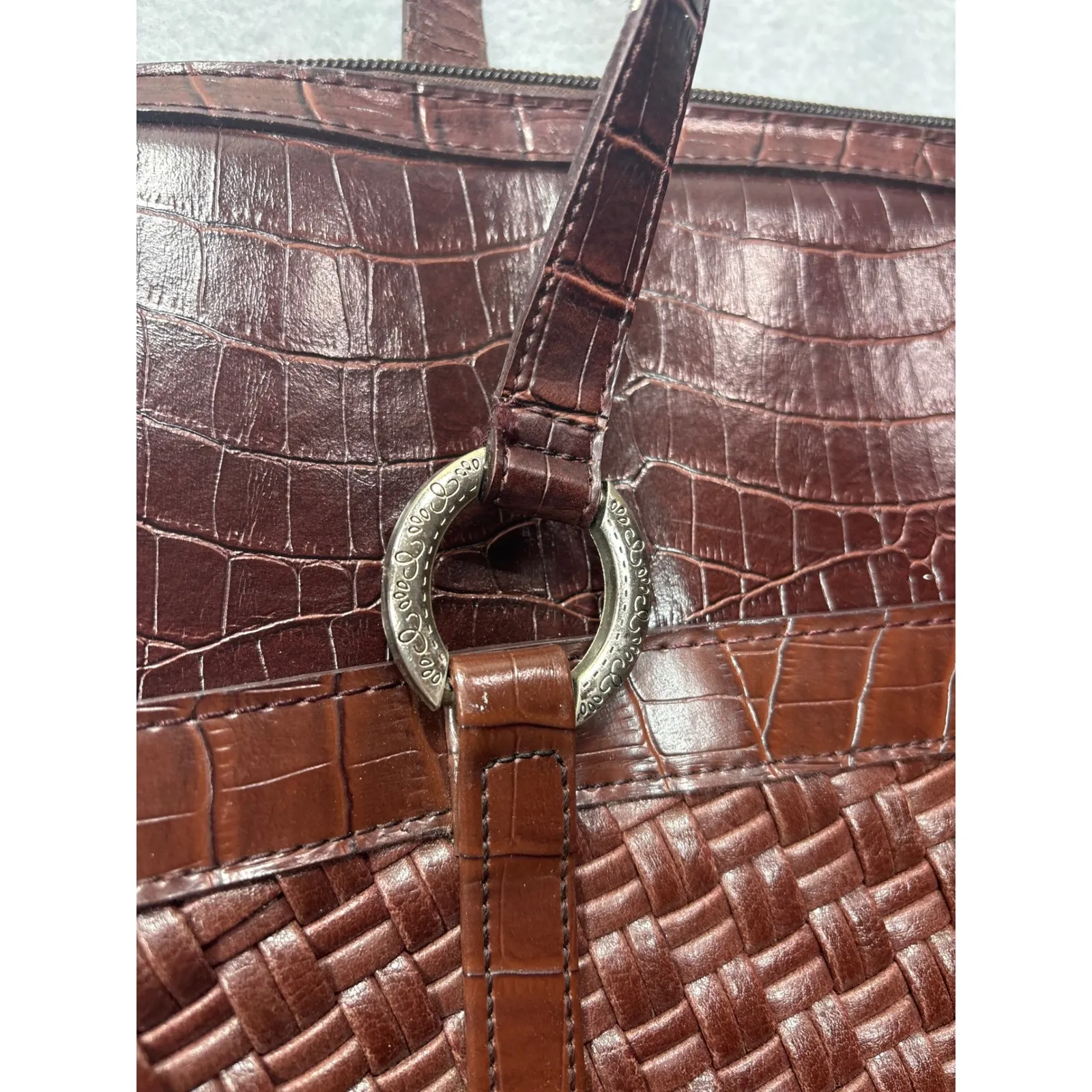 Coldwater Creek Laptop Tote‎ Bag Faux Croc Leather Woven Brown Shoulder Bag Work - Image 3