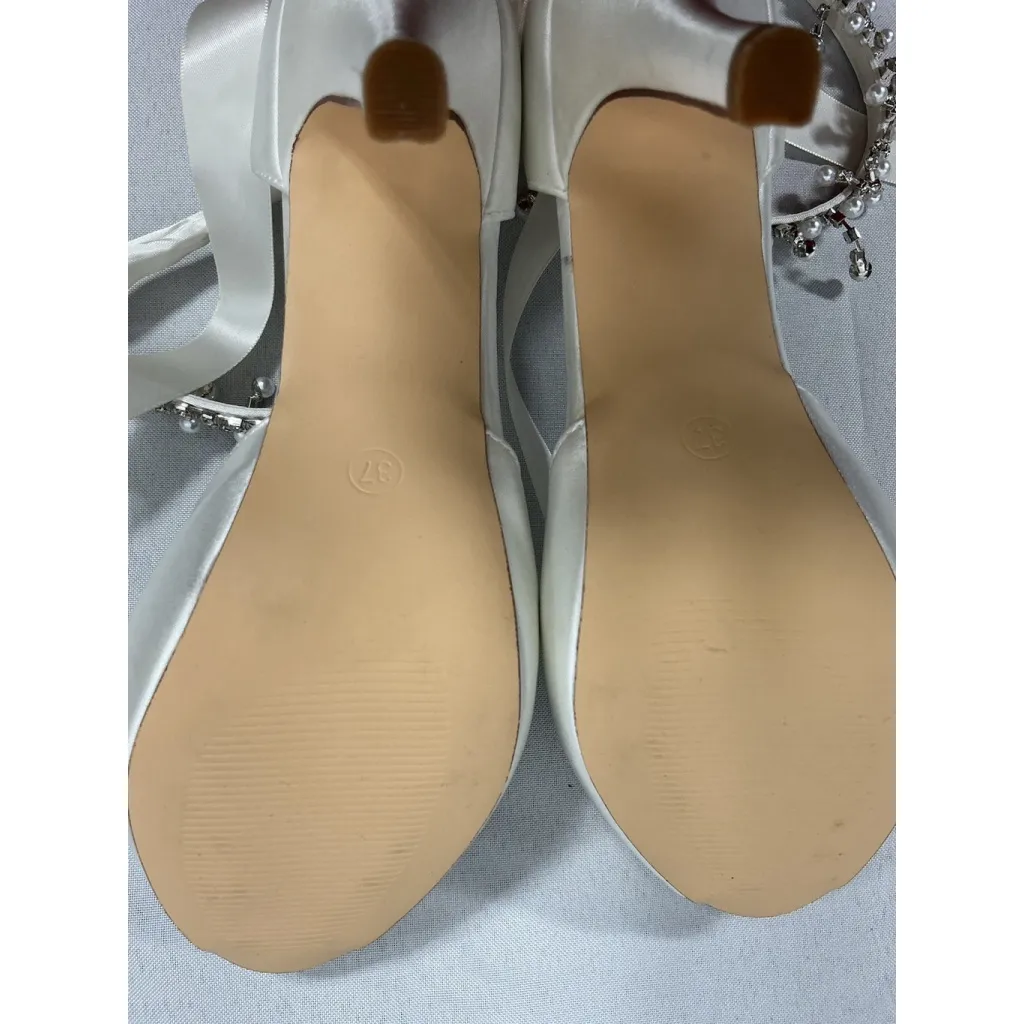 Womans White Satin Stiletto Dress Shoes Eu 37 Us 6.5/7 Peep Toe Ankle Accents - Image 7