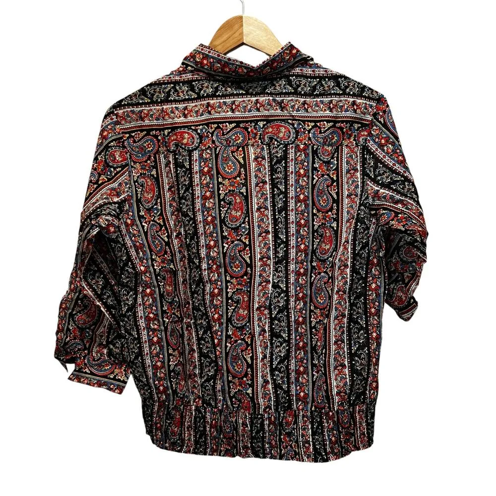 COTTON DAISY Paisley Print Blouse Top Sz L Elastic Waist Buttons Multicolor NEW Black Size L - Image 3