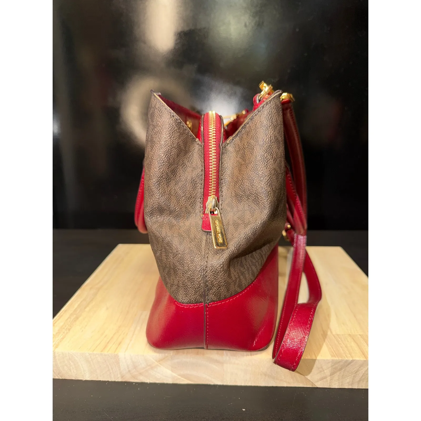 Michael Kors Handbag Tote Brown Signature Red Leather Convertible Strap - Image 3