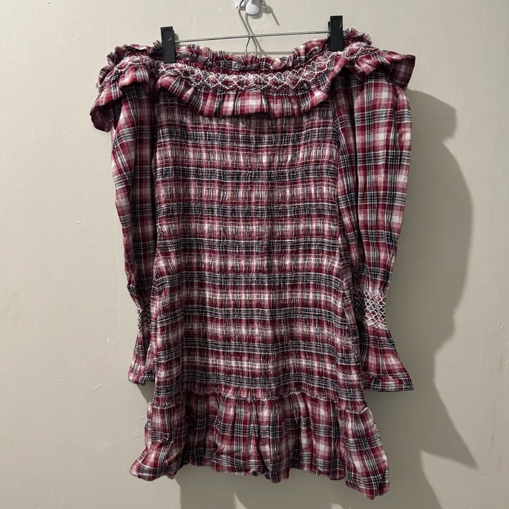 Anthropologie Pilcro Smocked Plaid Mini Dress size Medium in Red Motif - Image 4