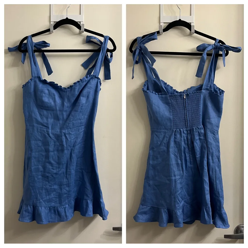 Reformation Desiree Blue Linen Ruffle Mini Dress Size 8 - Image 4