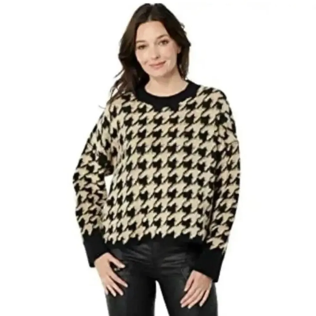 Max Studio Black Beige Houndstooth Knit Sweater Size Large - Image 4