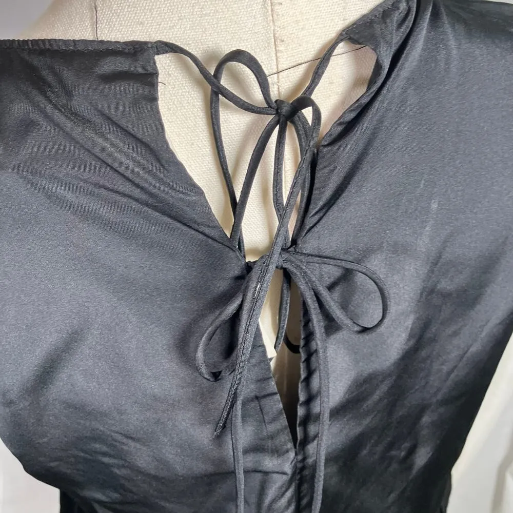 ZARA Black Puff Sleeve Peplum Blouse Small Short Sleeve Tie Back Lightweight New - Image 7