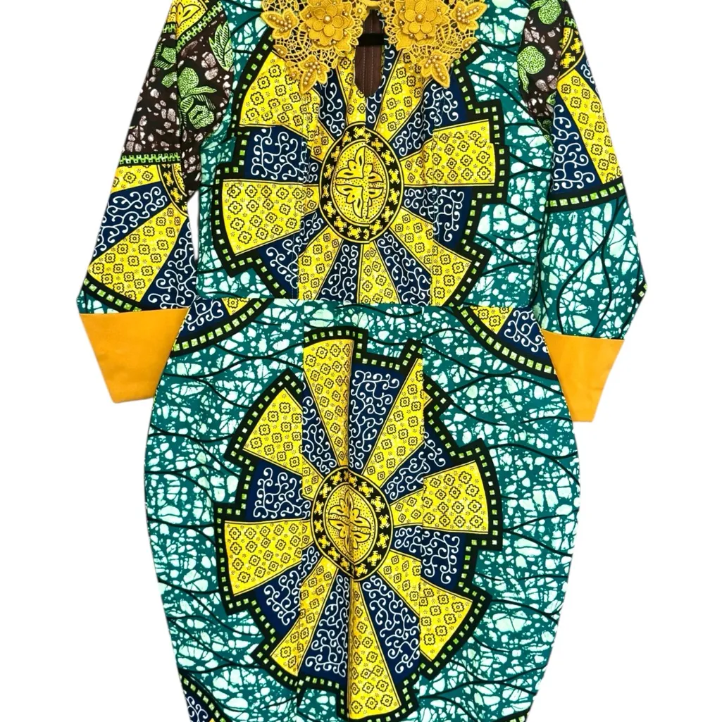 Colorful African Print Geometric Dress with Yellow Details - Image 3