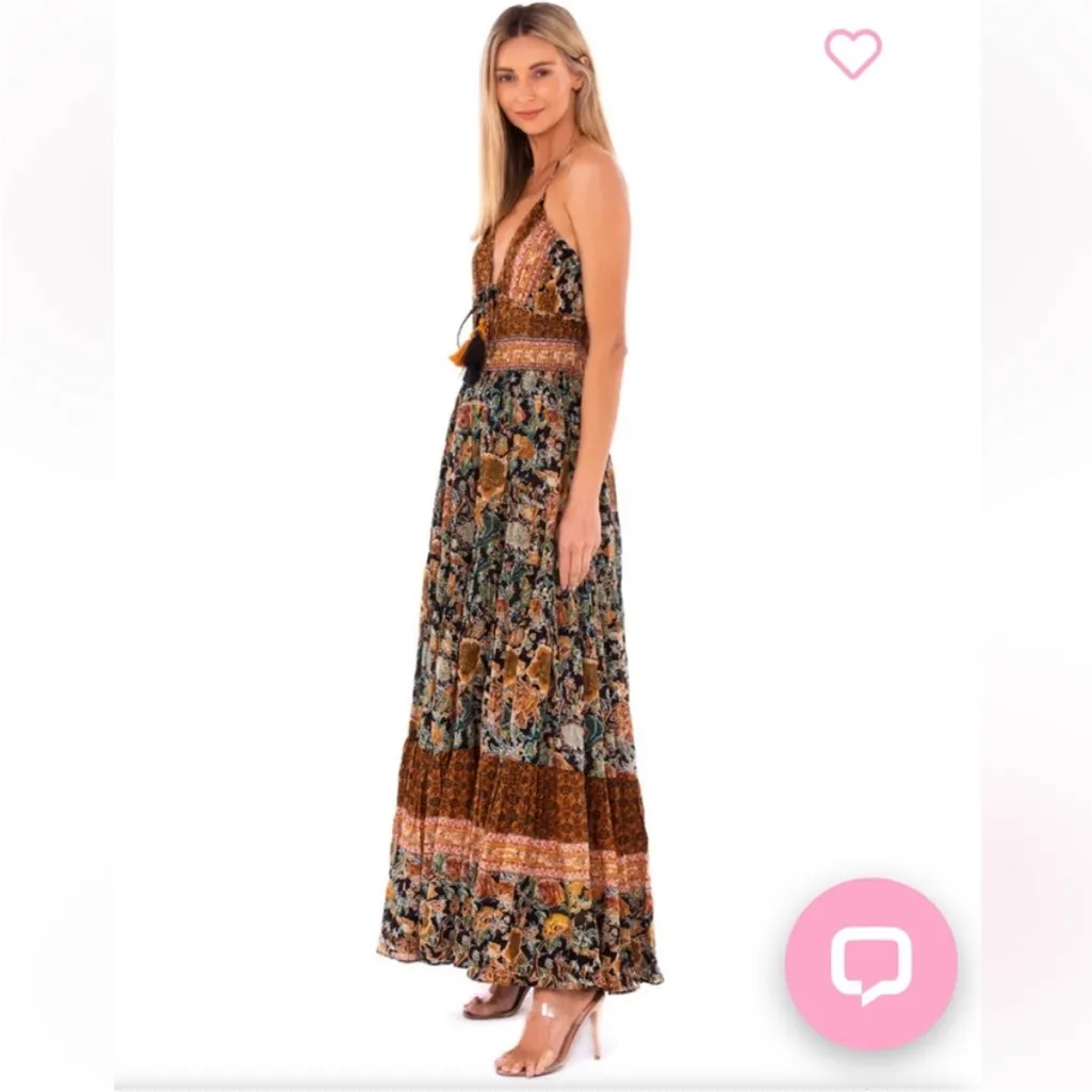 Free People Real Love Maxi Dress Floral Printed Smocked V Neck Open Back XL - Image 4