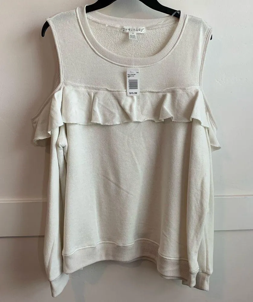 NWT Eye Candy White Open Shoulder Ruffle Sweatshirt - Image 2