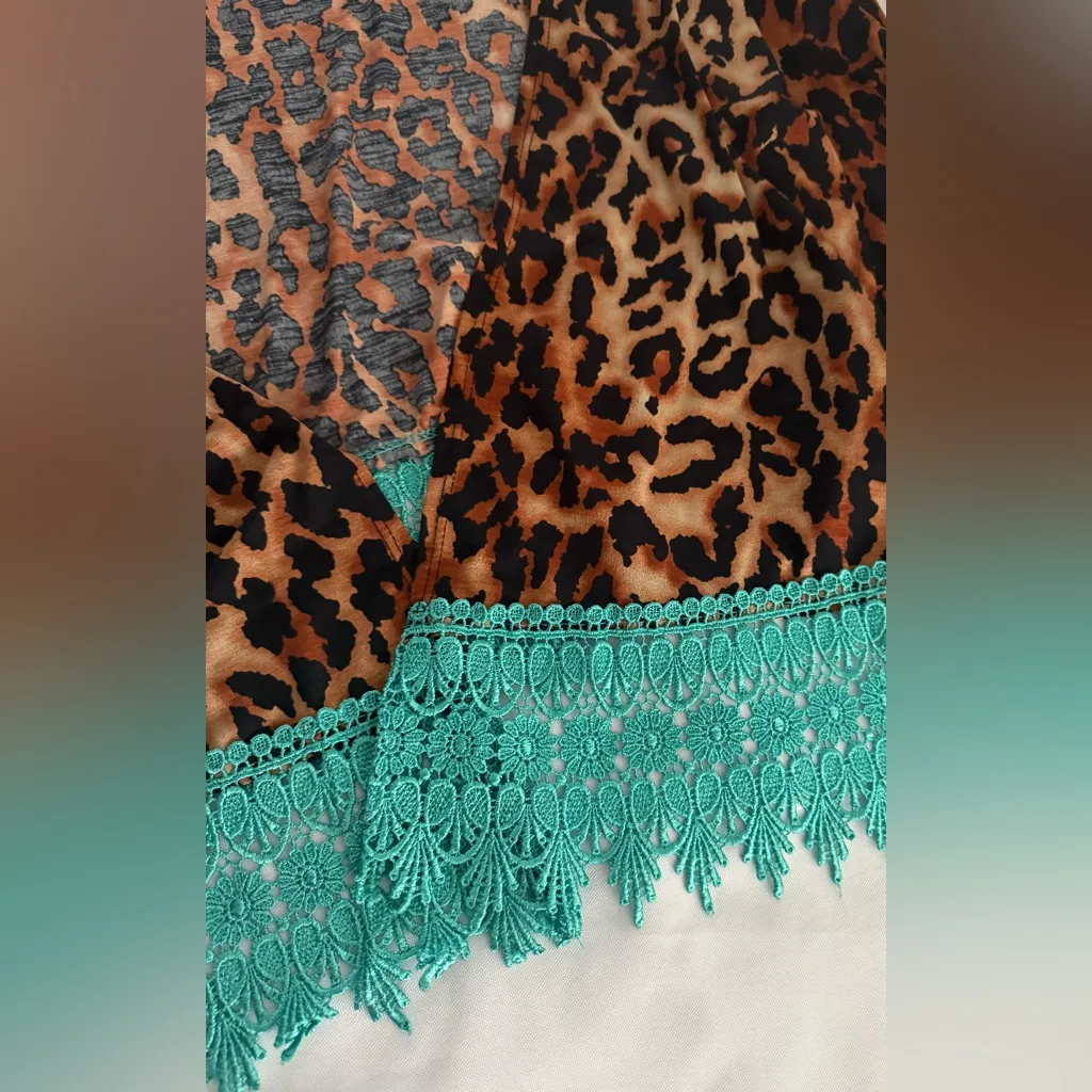 L&B Lucky & Blessed Leopard Print Turquoise Lace Trim Duster Vest XL Western Brown - Image 6