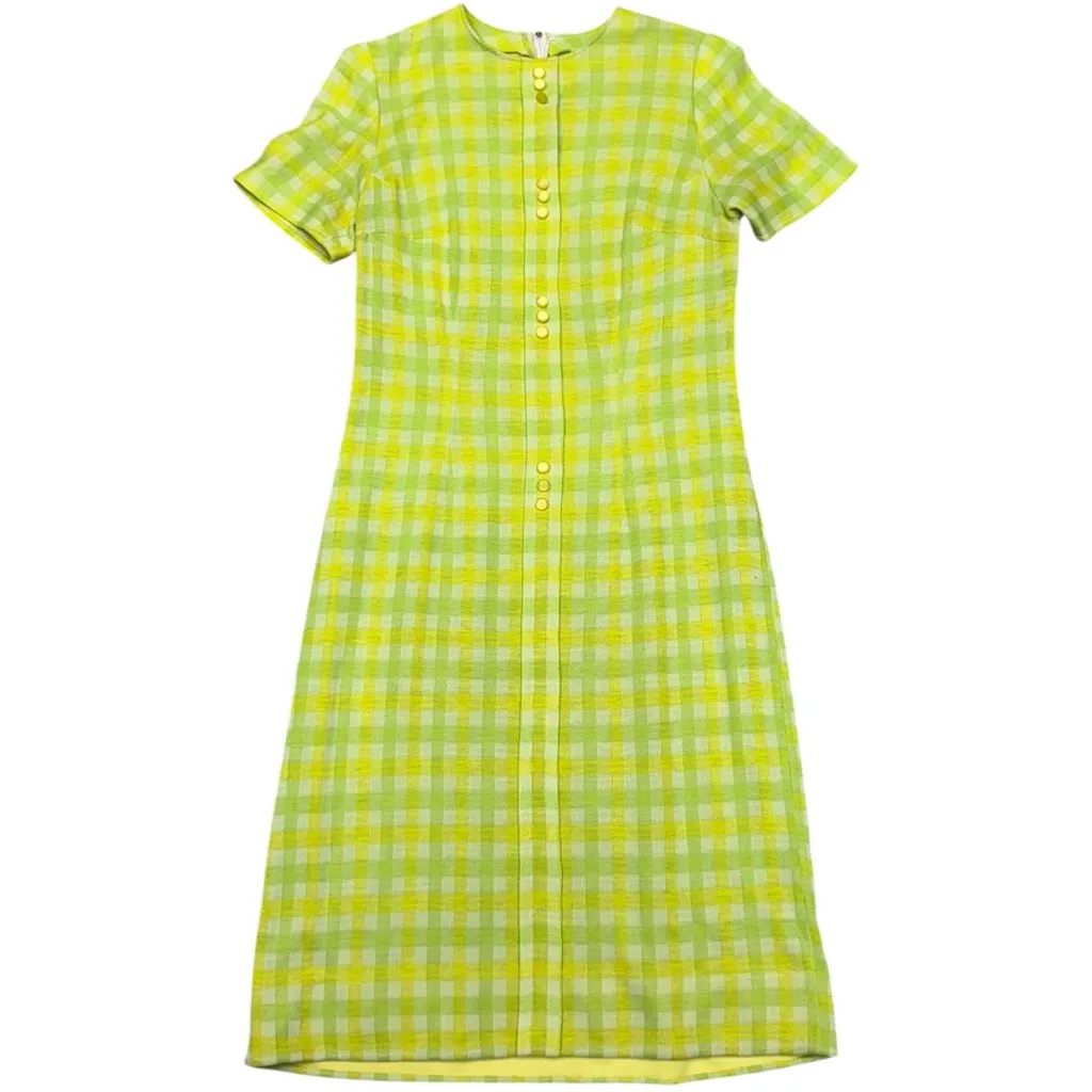 Vintage 60s Mod Sheath Dress Neon Yellow Gingham Check Short Sleeve, M/L Fit Size undefined - Image 12