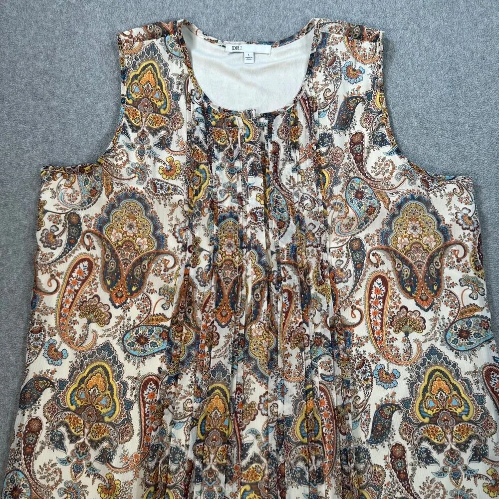 DR2 Paisley Print Mini Shift Dress Women's Large Pleated Front Sleeveless Lined - Image 2