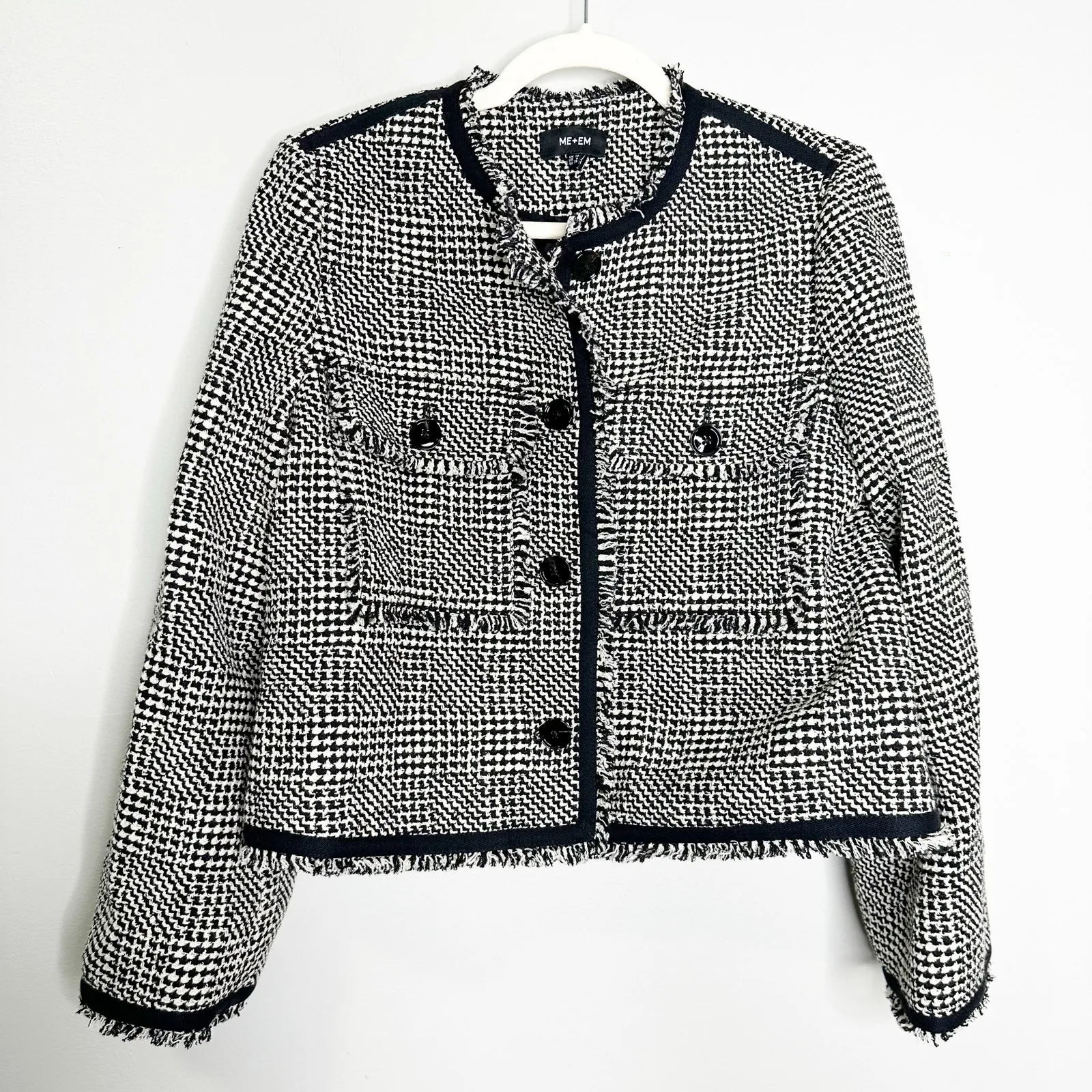 ME+EM Textured Swing Jacket Black White Tweed Cotton Wool Blend Fringe Trim 6 - Image 2