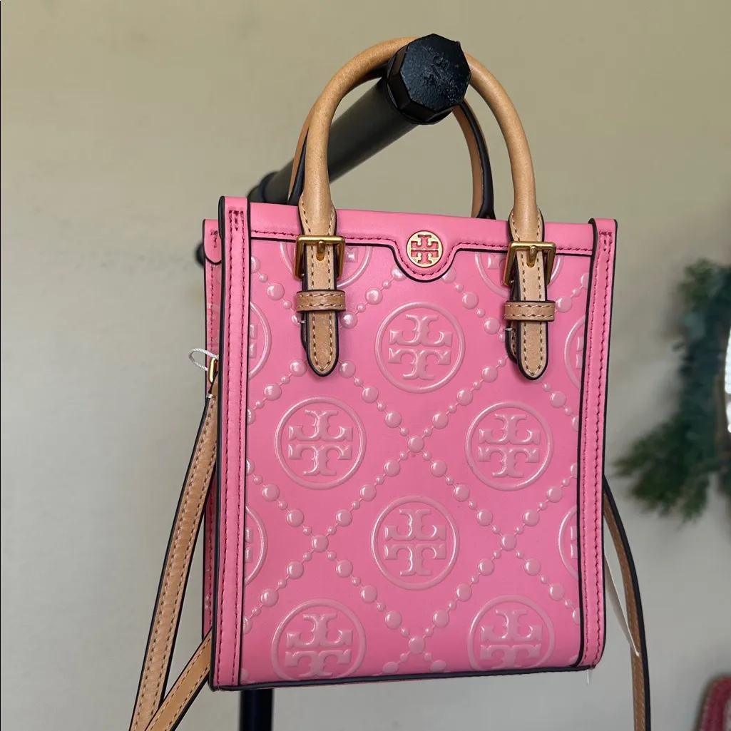 RARE Tory Burch Mini T Monogram Embossed Leather Bag Tote Crossbody Pink - Image 2
