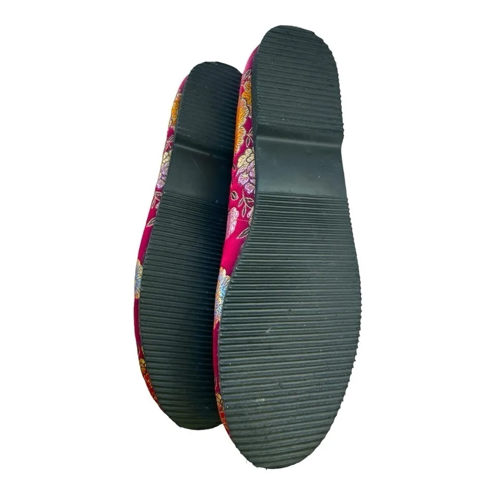 Embroidered Floral Ballet Flats Red Brocade Asian Inspired Slip - Image 8