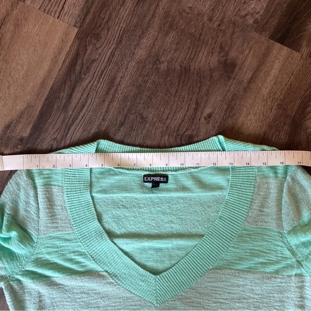 Express Mint Green Sparkle Glitter Striped V-Neck Sweater - Image 6