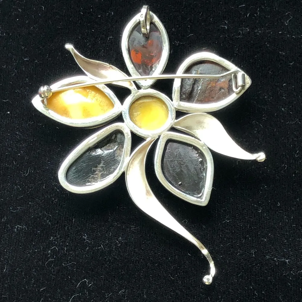 Large Amber & 925 Silver Brooch/Pendant flower shaped - Image 4