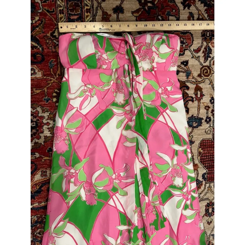 Lilly Pulitzer Strapless Silk Maxi Dress Size 4 Pink Green Floral Orchid Printi - Image 6