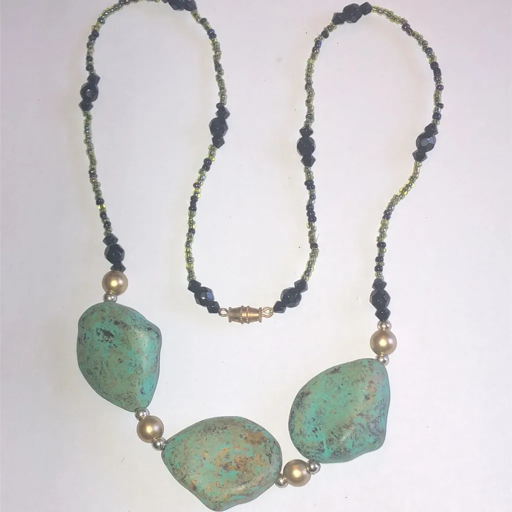 Vintage Turquoise Color and Black Glass Beaded Boho Necklace Green - Image 3