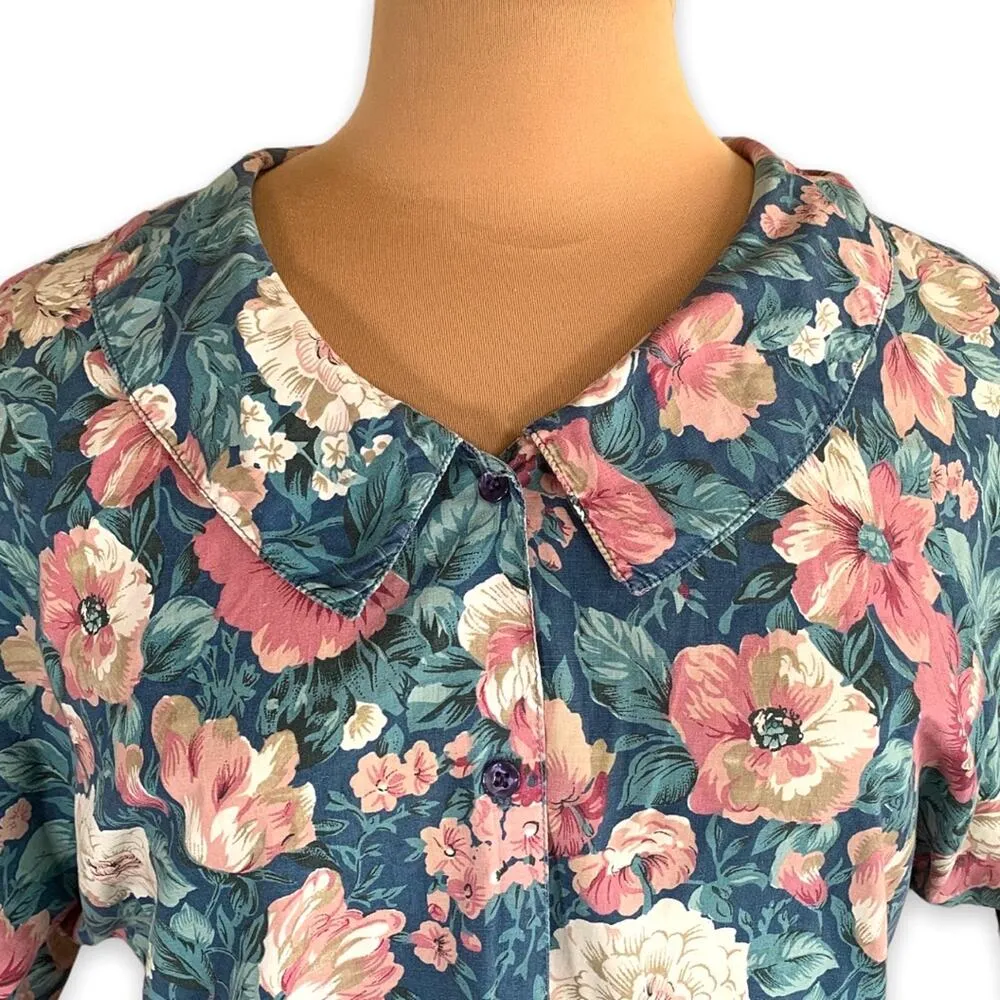 Vintage 90s Floral Button Up Shirt Blue Pink Green Peter Pan Collar Cottagecore - Image 2