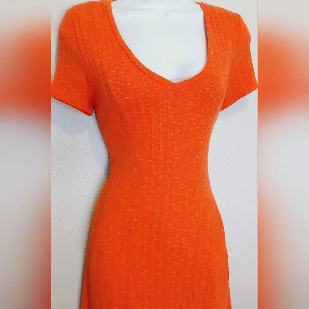Anthropologie × Dolan Left Coast Ribbed Fit & Flare Dress in Tangerine Size S Orange - Image 2