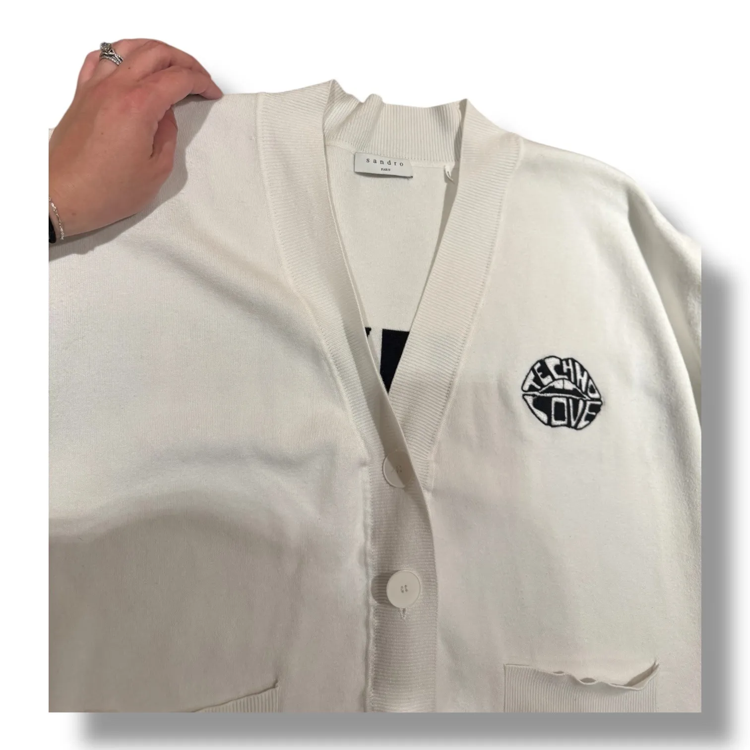 Sandro Paris x Smiley‎ White Techno Cardigan Large Happy Face Elbow Patch Knit - Image 4