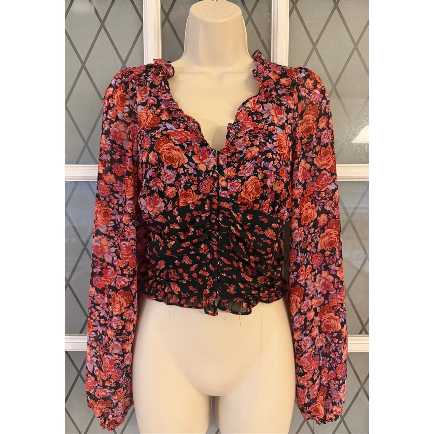 SO Mixed Print Floral Corset Long Sleeve Juniors Blouse Chiffon Size S - Image 3