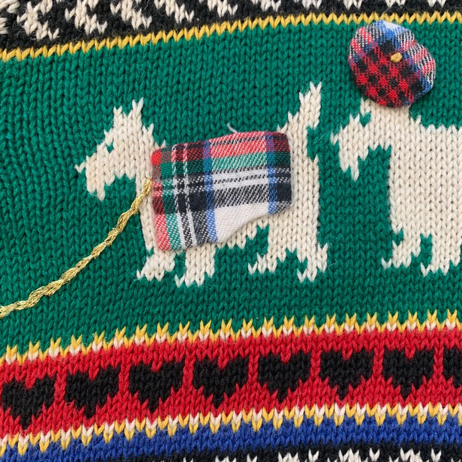 Vintage 90s Susan Bristol Scottie Dog Fair Isle Red Plaid Knit Sweater Large - Image 7