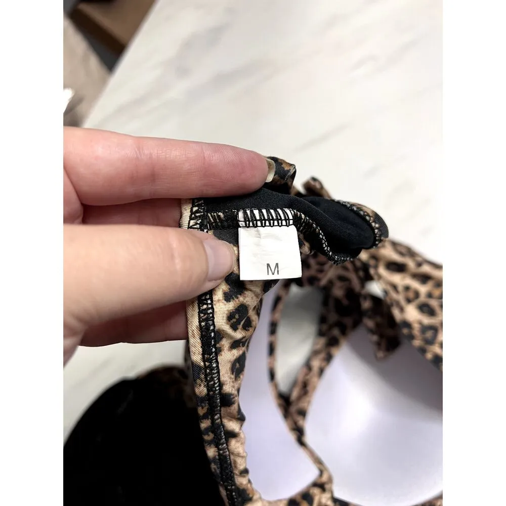 Leopard Printed One Piece Swimsuit Cut outs Criss cross Rouching Built in Bra Black Size M - Image 5