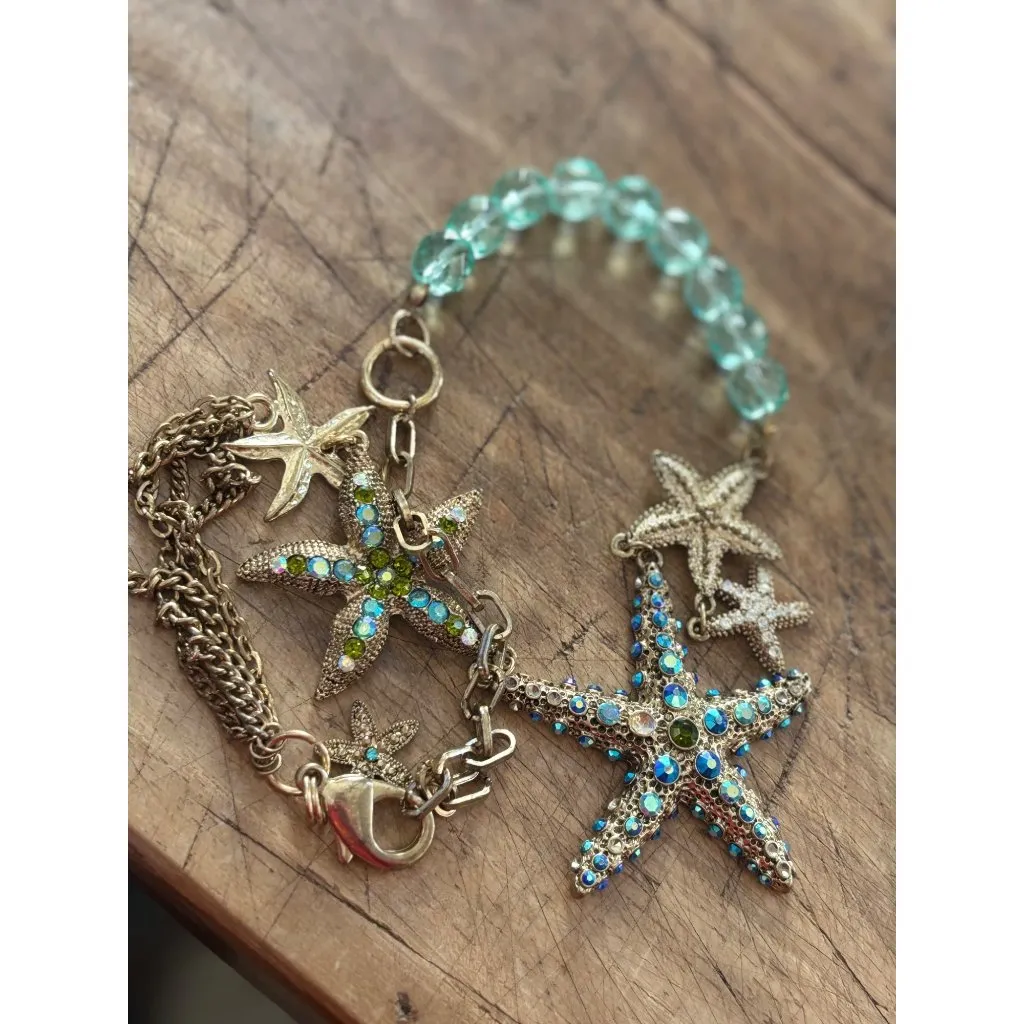 Starfish Pendant Necklace With Blue & Green Crystal Beads Gold - Image 3