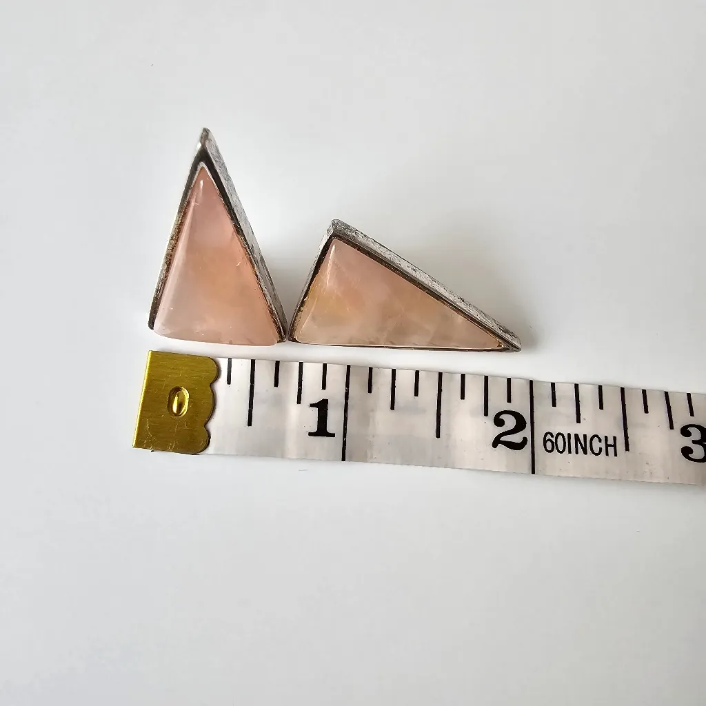 Maximalist Rose Quartz Triangle Silver Tone Metal Vintage Statement Earrings Pink - Image 7