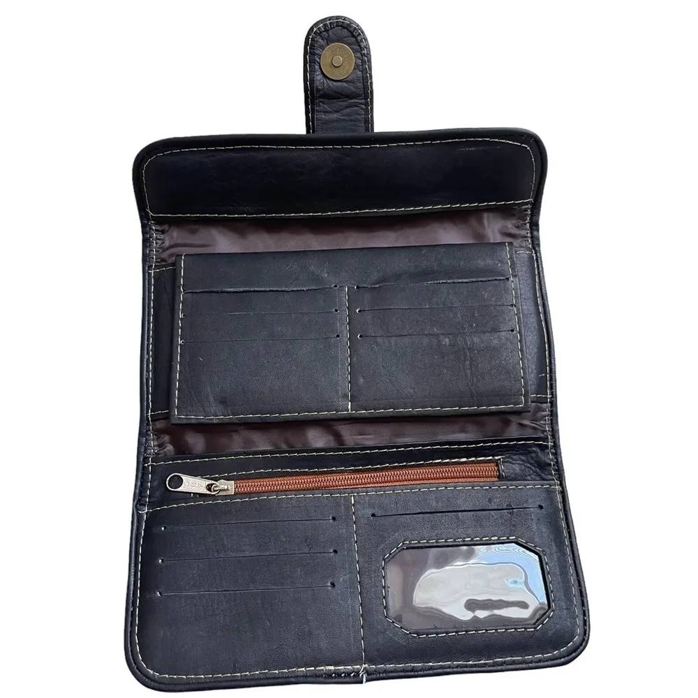 Handmade Handcrafted Wallet Boho Colorful Floral Bird Embroidered Black Leather - Image 5