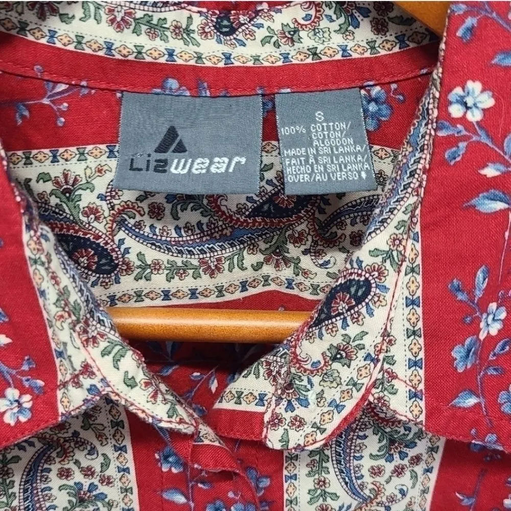 Liz Wear Casual Button Down Striped Floral Shirt Size Small Red - Image 6