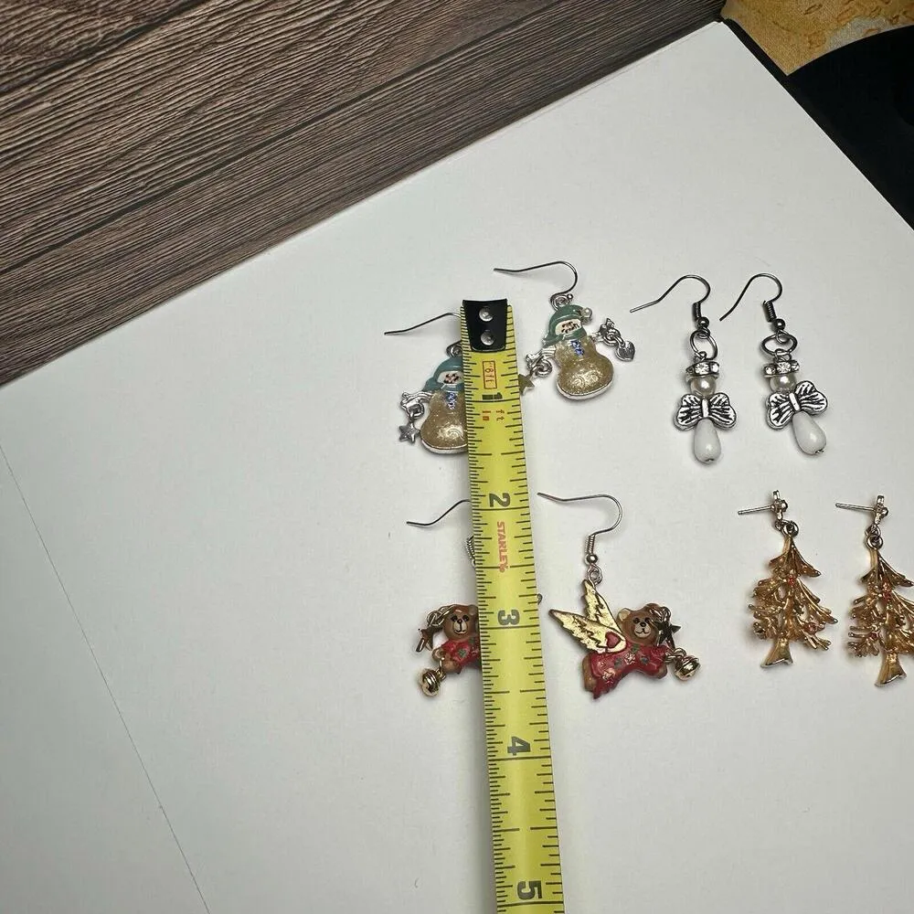Angel Bear, Christmas Tree, Snowman Etc Pierced Dangle Drop Earrings Lot Of 4 - Image 8