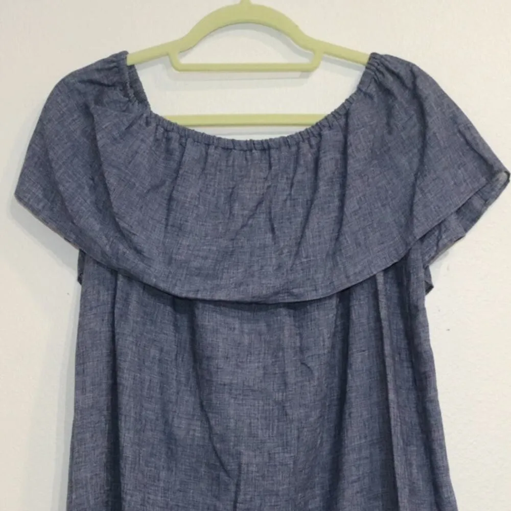 Zara Basic Chambray Off Shoulder Linen Blend Dress sz XS - Image 8