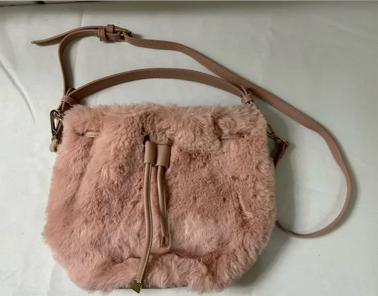 Street Level Pink Furry Shoulder Purse Hand Bag Drawstring Closure - Image 1