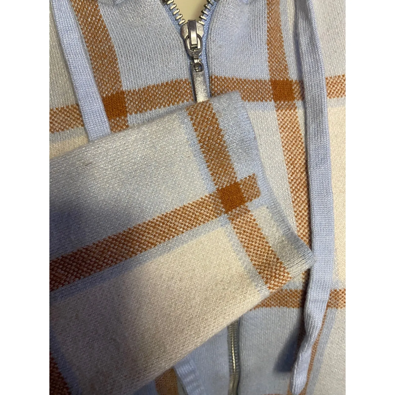 Cynthia Rowley Plaid Zip Up Hoodie Sweater Jacket Size S Blue‎ Tan Cream - Image 9