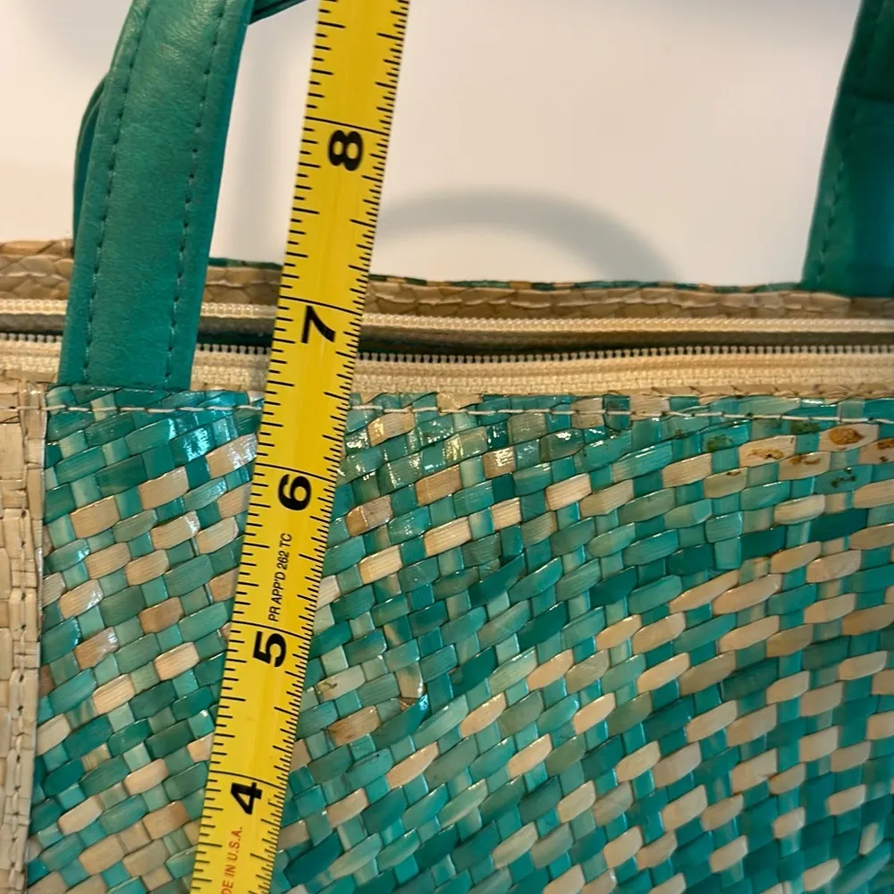 Turquoise Rattan Hand Bag. Boho Embellished Handmade Woven. Vintage. Vacation Green - Image 7
