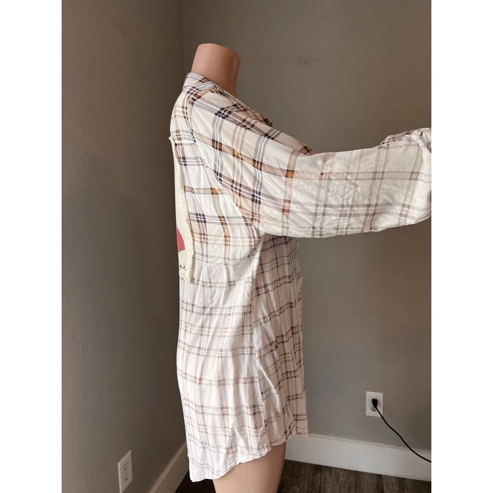 Boho Jane Wood Stock Plaid Patch Back Long Tunic Top L ''DONT MESS WITH TRIBE" Brown Size L - Image 9