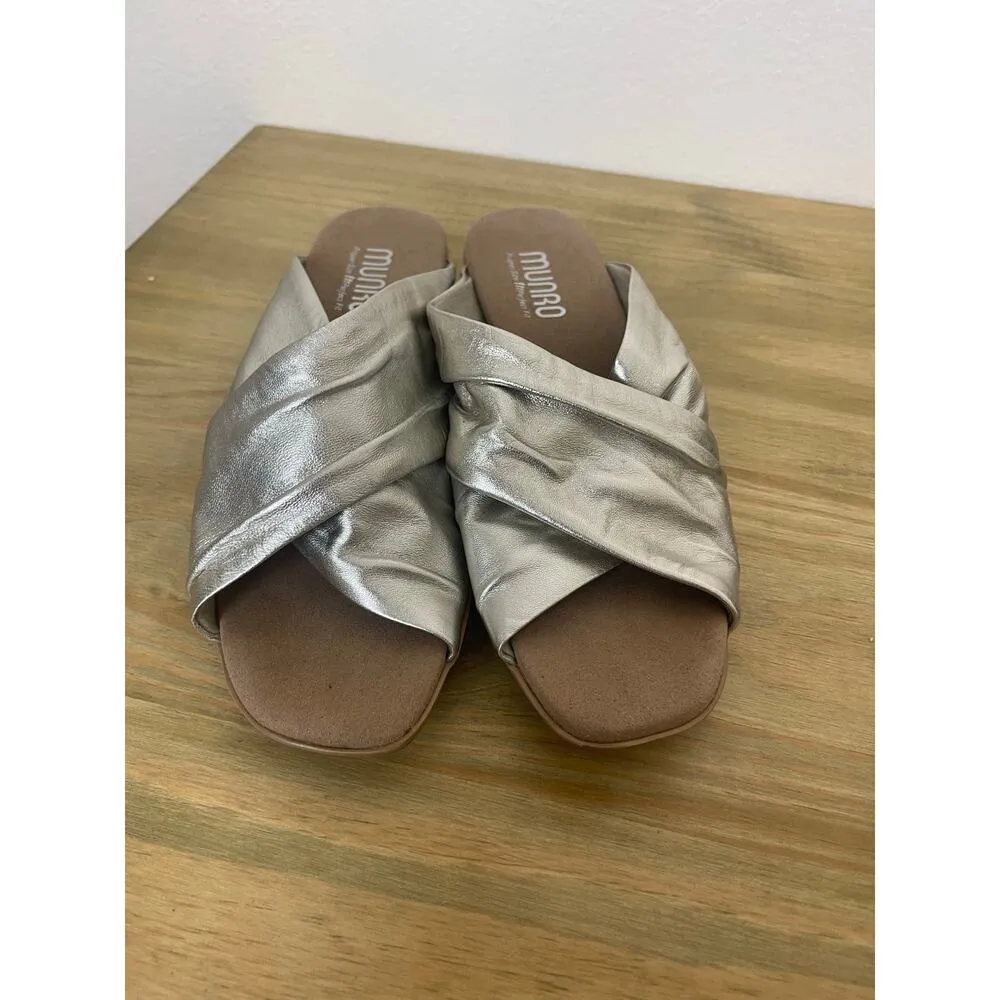 Munro Lee Silver Metallic Slide Block Heel Sandal Slip On Comfort Womens 6 - Image 4