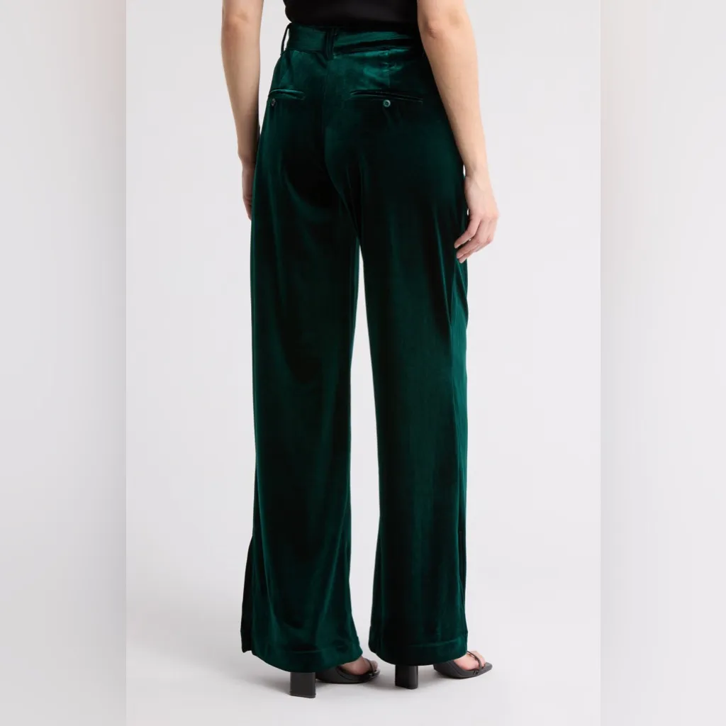 BlankNYC Emerald Green Velvet Wide Leg Trousers Side Slit Size 27 - Image 2