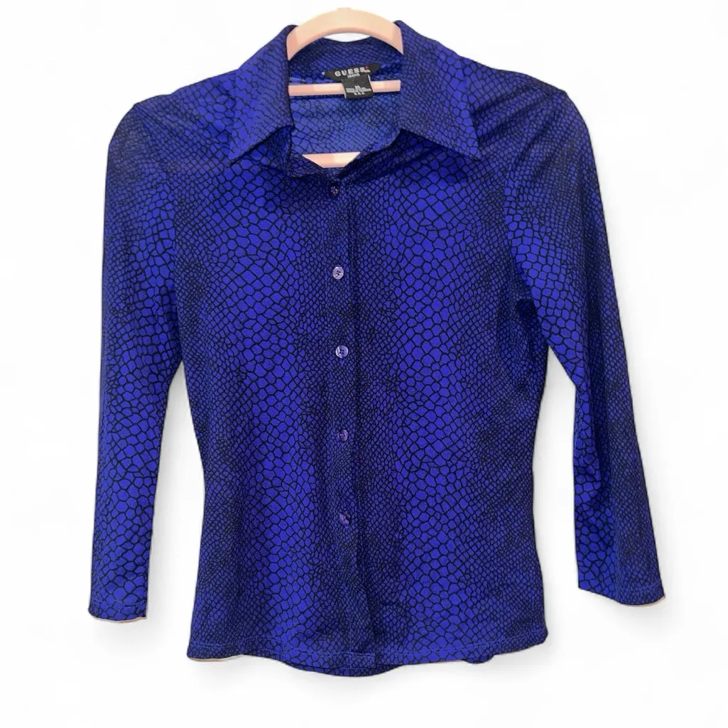 Vintage Guess 90s Snakeskin Blue Button Down Blouse Medium 3/4 Sleeves EUC - Image 2