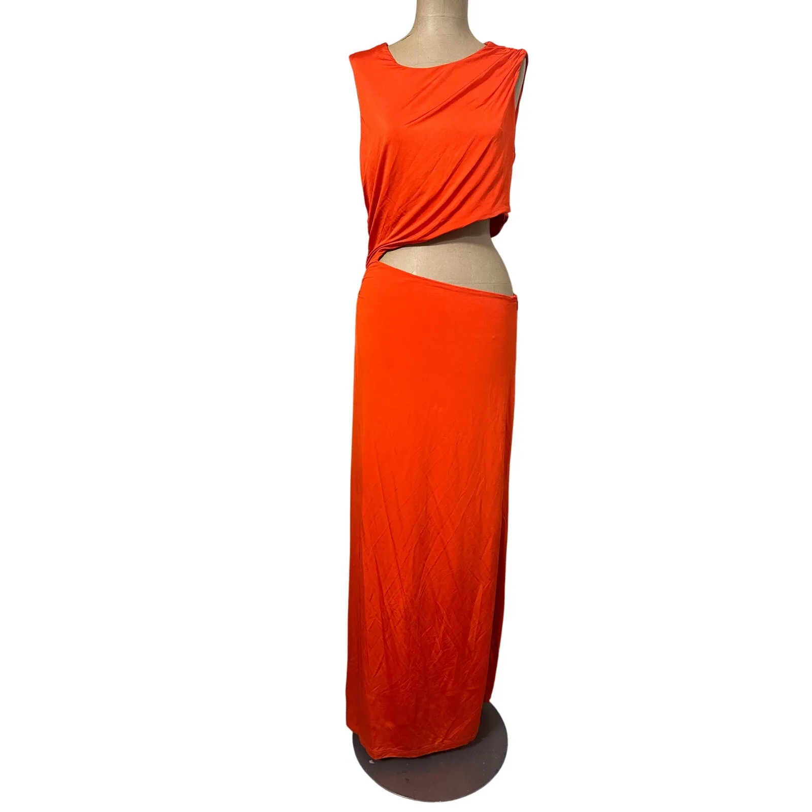 ATLEIN Maxi Dress Jersey Orange Cut Out Asymmetric Waist Sleeveless Size L - Image 3