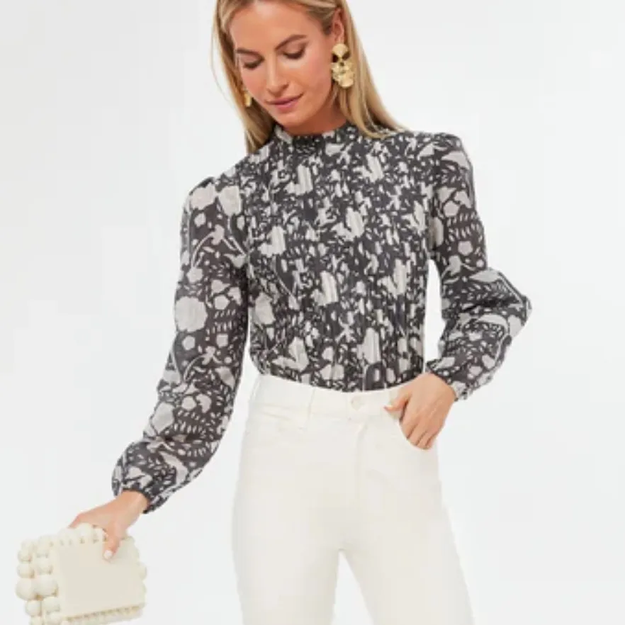 OLIPHANT Tuckernuck Slate Mulberry Pintuck Blouse Long Sleeve Top Floral Medium - Image 4